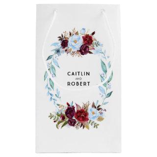 Dusty Blue and Red Wine Watercolor Flowers Wedding Small Gift Bag