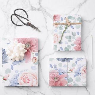 Dusty Blue and Soft Pink Flowers Botanical Pattern  Sheets
