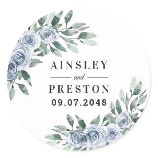 Dusty Blue Elegant Floral Boho Rose Rustic Wedding Classic Round Sticker