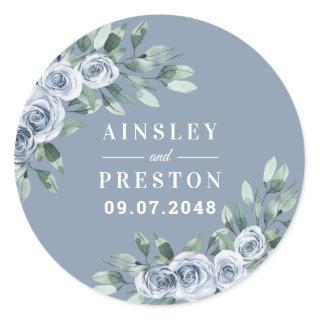 Dusty Blue Elegant Floral Boho Rose Rustic Wedding Classic Round Sticker
