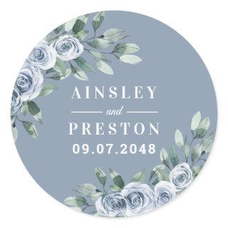 Dusty Blue Elegant Floral Boho Rose Rustic Wedding Classic Round Sticker