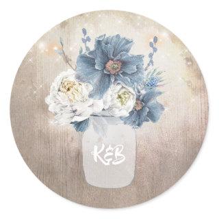 Dusty Blue Floral Mason Jar Rustic Country Wedding Classic Round Sticker