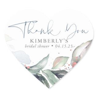 Dusty Blue Greenery Rose Gold Splatters Thank You Heart Sticker