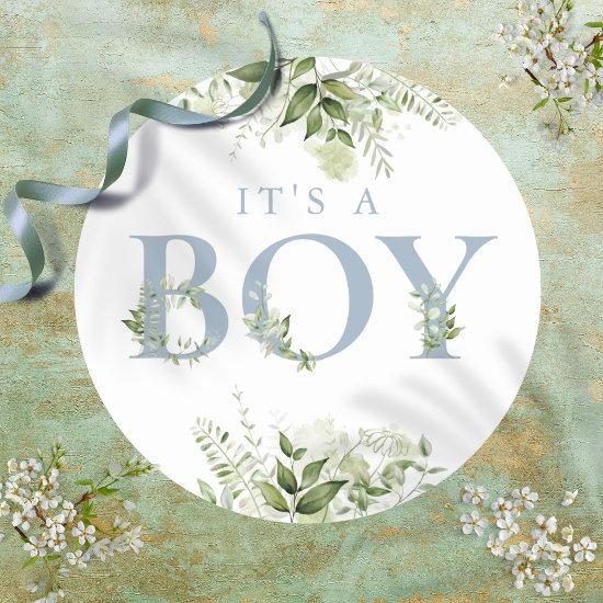 Dusty Blue Its A Boy Greenery Floral Baby Shower Classic Round Sticker