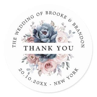 Dusty Blue Mauve Rose Pink Slate Floral Thank you Classic Round Sticker