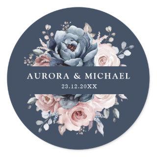 Dusty Blue Mauve Rose Pink Slate Floral Wedding  C Classic Round Sticker