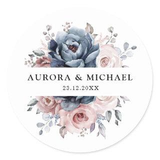 Dusty Blue Mauve Rose Pink Slate Floral Wedding  Classic Round Sticker