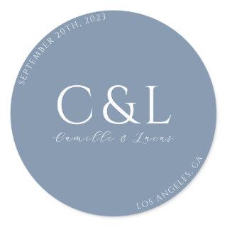 Dusty Blue minimal wedding classic round sticker
