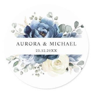 Dusty Blue Navy Champagne Ivory Floral Wedding Classic Round Sticker