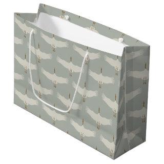 Dusty Blue Neutral Birds Cranes Art Deco Pattern  Large Gift Bag