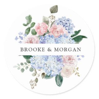 Dusty Blue Pastel Pink hydrangea Wedding Thank you Classic Round Sticker