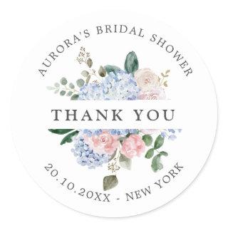 Dusty Blue Pink hydrangeas Bridal shower thank you Classic Round Sticker