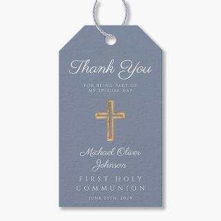Dusty Blue Religious Cross Boy First Communion Gift Tags