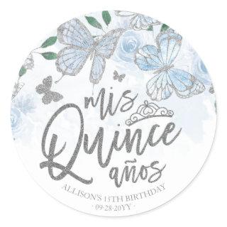Dusty Blue Silver Butterfly Quinceanera Classic Round Sticker