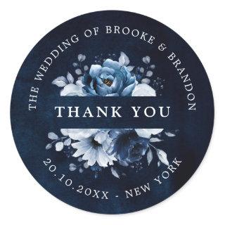 Dusty Blue Slate Navy Floral Botanical Thank you C Classic Round Sticker