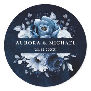 Dusty Blue Slate Navy Floral Botanical Wedding Cla Classic Round Sticker