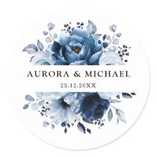 Dusty Blue Slate Navy Floral Botanical Wedding Classic Round Sticker