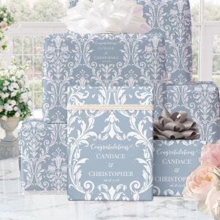 Dusty Blue White Damask Add Name & Congratulations