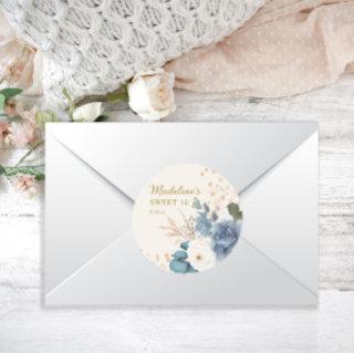 Dusty Blue White Floral Gold Glitter Sweet 16  Classic Round Sticker