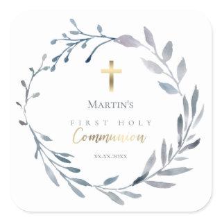 dusty blue wreath first communion square sticker