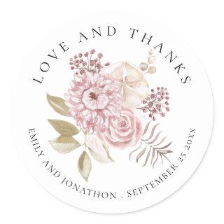 Dusty Pink Florals Thank You Names Date Wedding  Classic Round Sticker