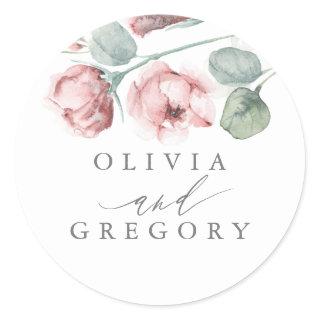 Dusty Pink Rose Floral Elegant Wedding Classic Round Sticker