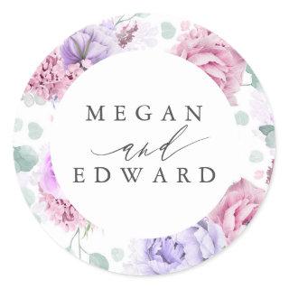 Dusty Purple and Pink Floral Botanical Wedding Classic Round Sticker