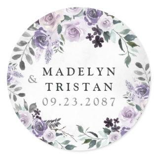Dusty Purple and Silver Gray Floral Rustic Wedding Classic Round Sticker