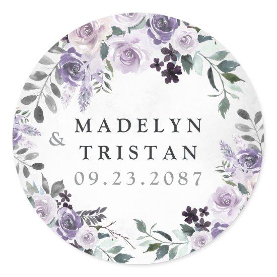 Dusty Purple and Silver Gray Floral Rustic Wedding Classic Round Sticker
