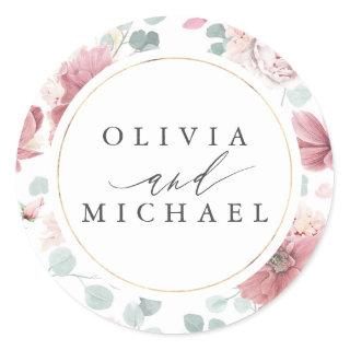 Dusty Rose Flowers and Gold Frame Elegant Wedding Classic Round Sticker
