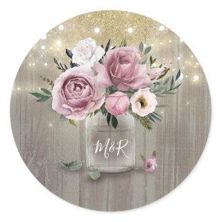 Dusty Rose Rustic Country Floral Mason Jar Classic Round Sticker