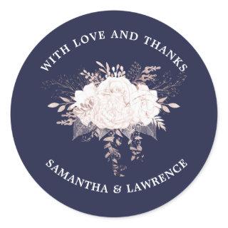 Dusty Rose White Floral Navy Blue Wedding Classic Round Sticker
