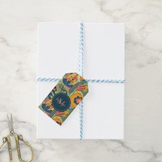 Earth tones abstract flowers pattern, monogram gift tags