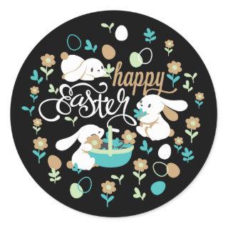 Easter Bunny and Egg Hunt Pattern on Midnight Classic Round Sticker