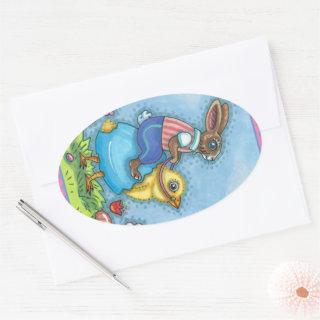 EASTER BUNNY RIDING CUTE CHICK IN BLUE EGG, WHIMSY OVAL STICKER
