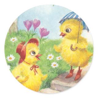 Easter chicks, vintage classic round sticker