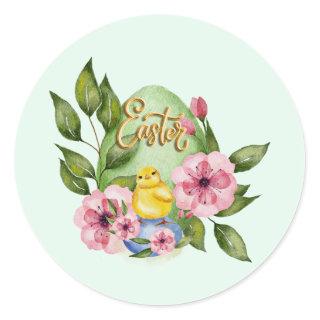 Easter Egg, Baby Chick, Pink Spring Flowers Classic Round Sticker