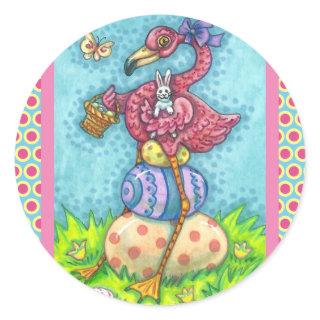 EASTER EGGS AND CUTE BABY PINK FLAMINGO WITH BUNNY CLASSIC ROUND STICKER