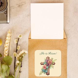 Easter “He is Risen” Floral Cross Square Sticker