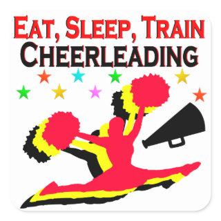 EAT, SLEEP TRAIN CHEERLEADING RED DESIGN SQUARE STICKER