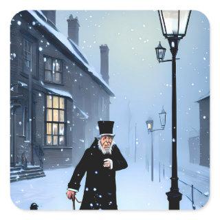 Ebenezer Scrooge Snowy Victorian Street Square Sticker