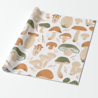 Edible Mushrooms seamless pattern. Linocut old sty