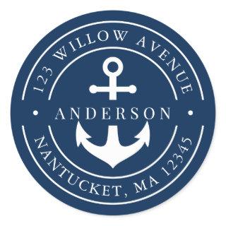 Editable Color White Border Anchor Return Address Classic Round Sticker