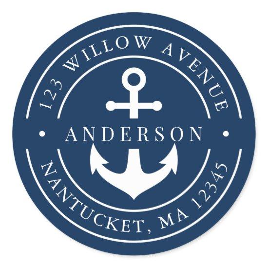 Editable Color White Border Anchor Return Address Classic Round Sticker