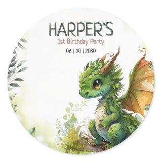Editable Dragon 1st Birthday Party, Boys Birthday  Classic Round Sticker