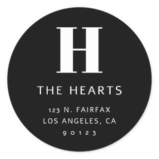 Editable Modern Return Address & Monogram | Black Classic Round Sticker