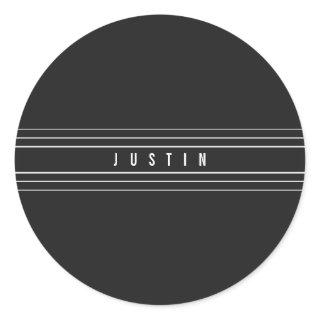Editable Name & Geometric Stripes | Black & White Classic Round Sticker