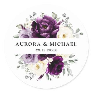 Eggplant Purple Plum Ivory White Floral Wedding Classic Round Sticker