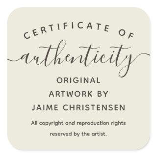 Eggshell Chic Script Certificate of Authenticity Square Sticker