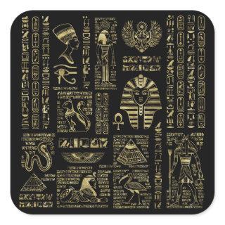 Egyptian hieroglyphs and deities gold on black square sticker